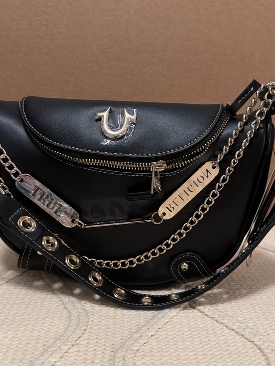 True Religion Handbags - True Religion Black Saddle Shoulder Bag with Silver Chains